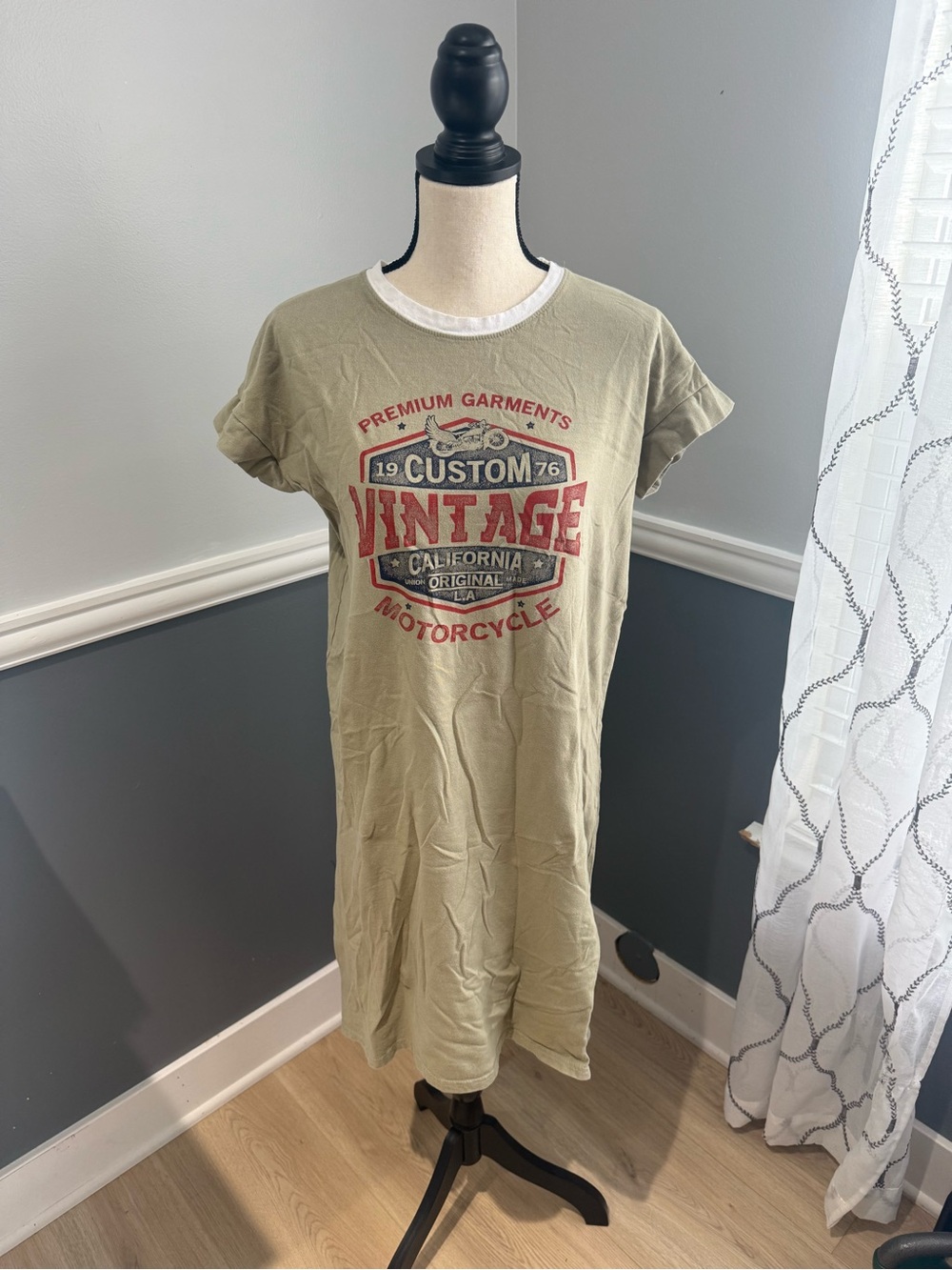 Vintage Motorcycle Graphic Tee Dress - Olive with Red Print Women’s Size Large